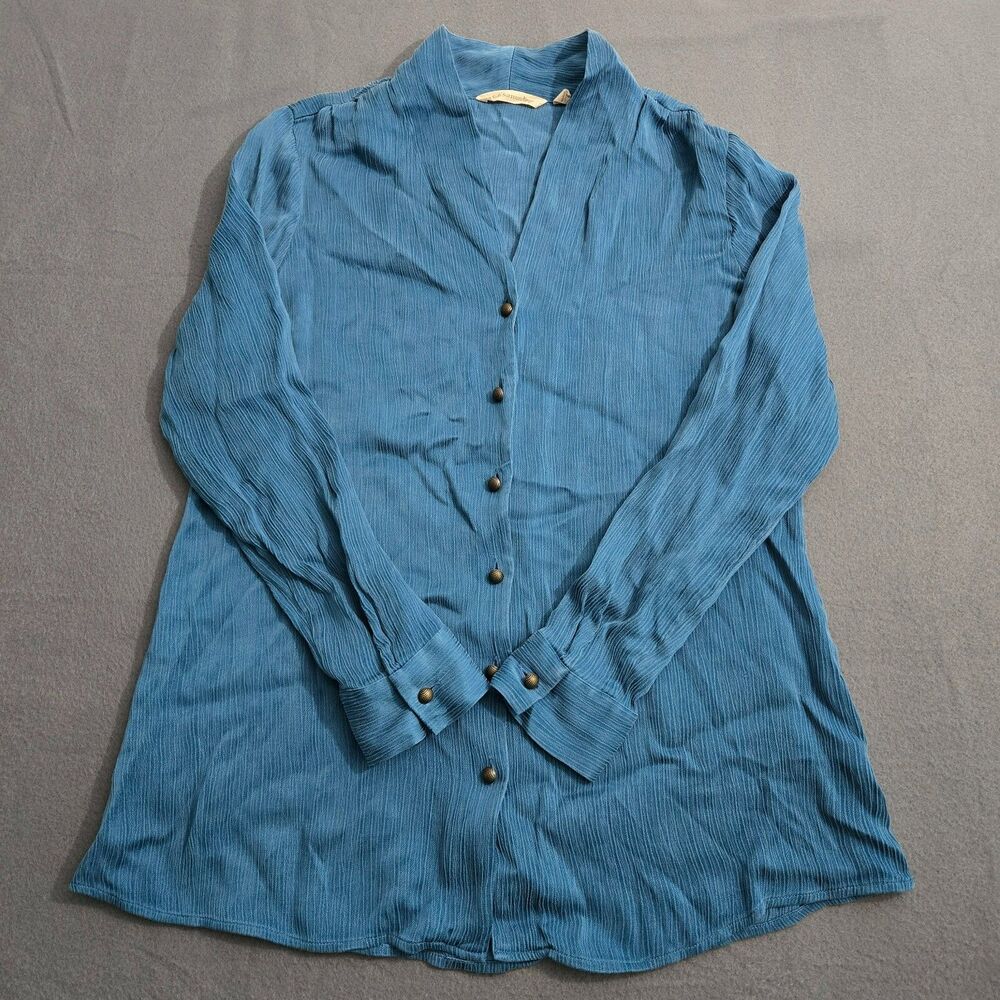 Soft Surroundings Women M Blue Crinkle Roxanna Cupro Button Front V-Neck Blouse